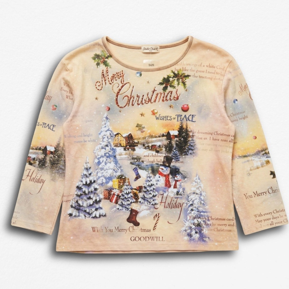 Studio Gem Q Merry Christmas Y2K Graphic Long Sleeve Top Beige Women Large